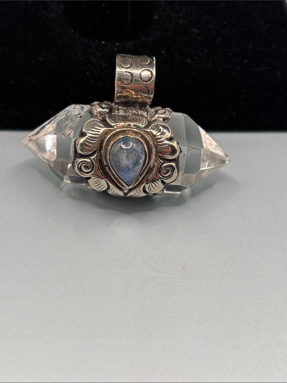 Funky Silver Scroll Design Crystal Pendant w/Blue Moonstone Accent